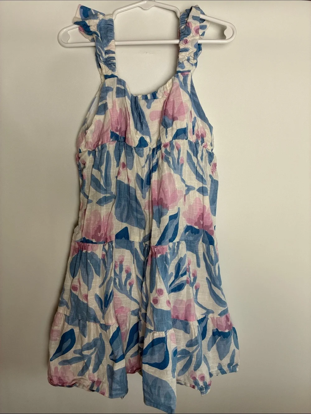 Sfera Girls' Ruffled Strap Floral Sundress in White, Blue & Pink
